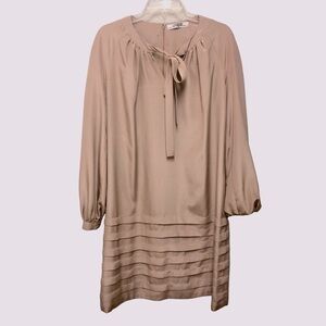 Vintage I Magnin Straight Loose Fit Bow V Neck Pleated Zip Back Blush Pink Dress